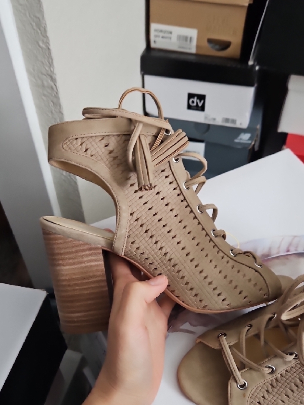 Jessica Simpson Taupe Woven Lace-Up Peep Toe Block Heels - Picture 3 of 4